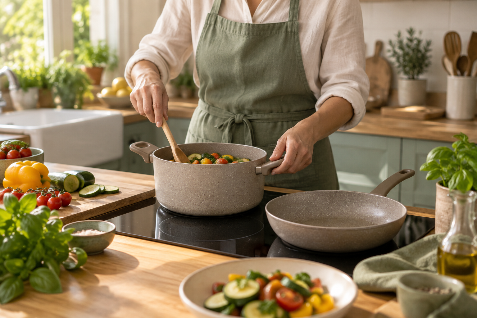 Persona che cucina con pentole generiche senza marchio