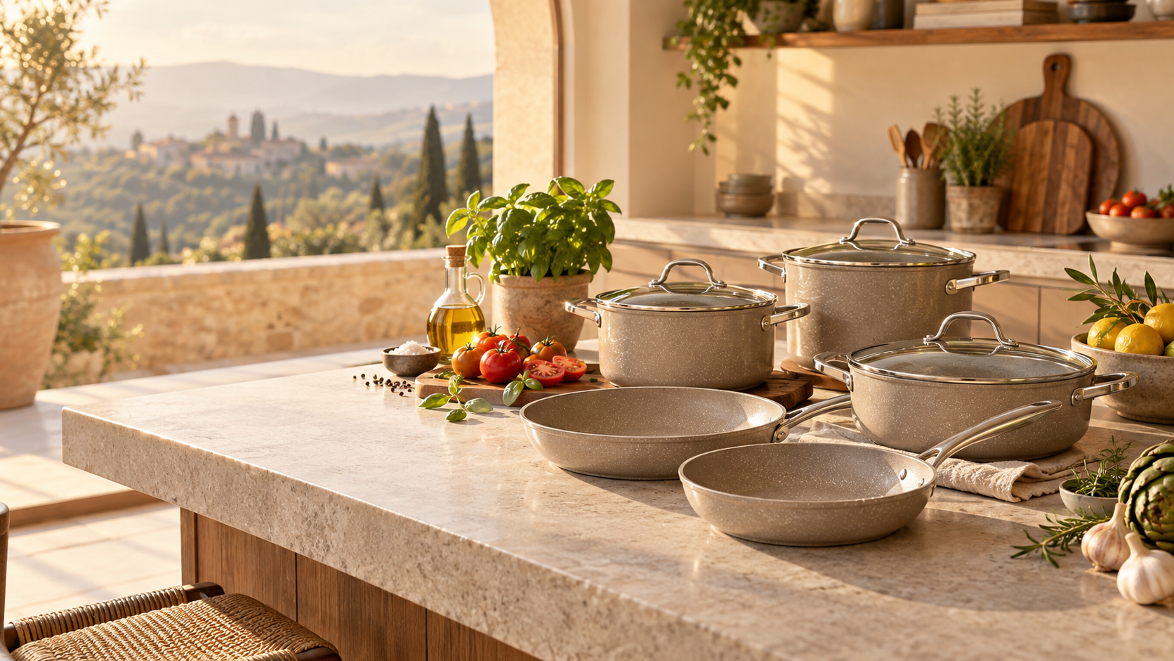 Scena editoriale di cucina con pentole generiche senza marchio